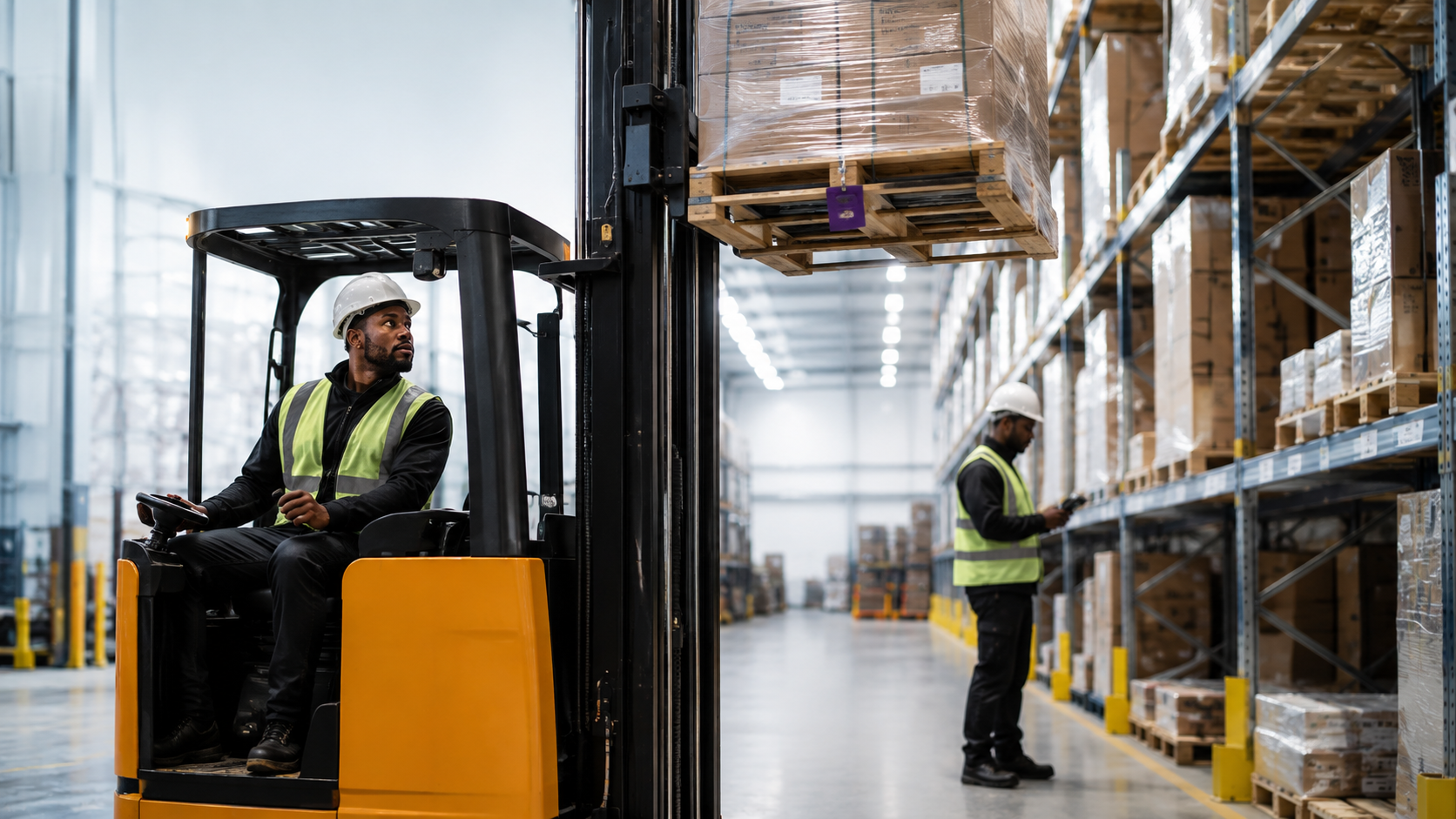 Forklift operator moving a pallet in a warehouse aisle