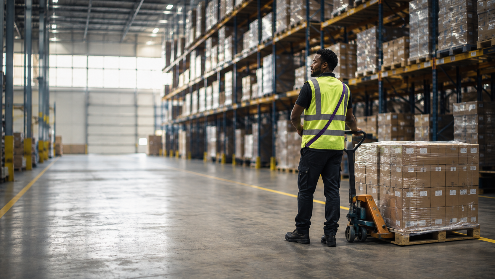 Warehouse operative in a hi-vis vest moving a pallet of boxes inside a distribution centre